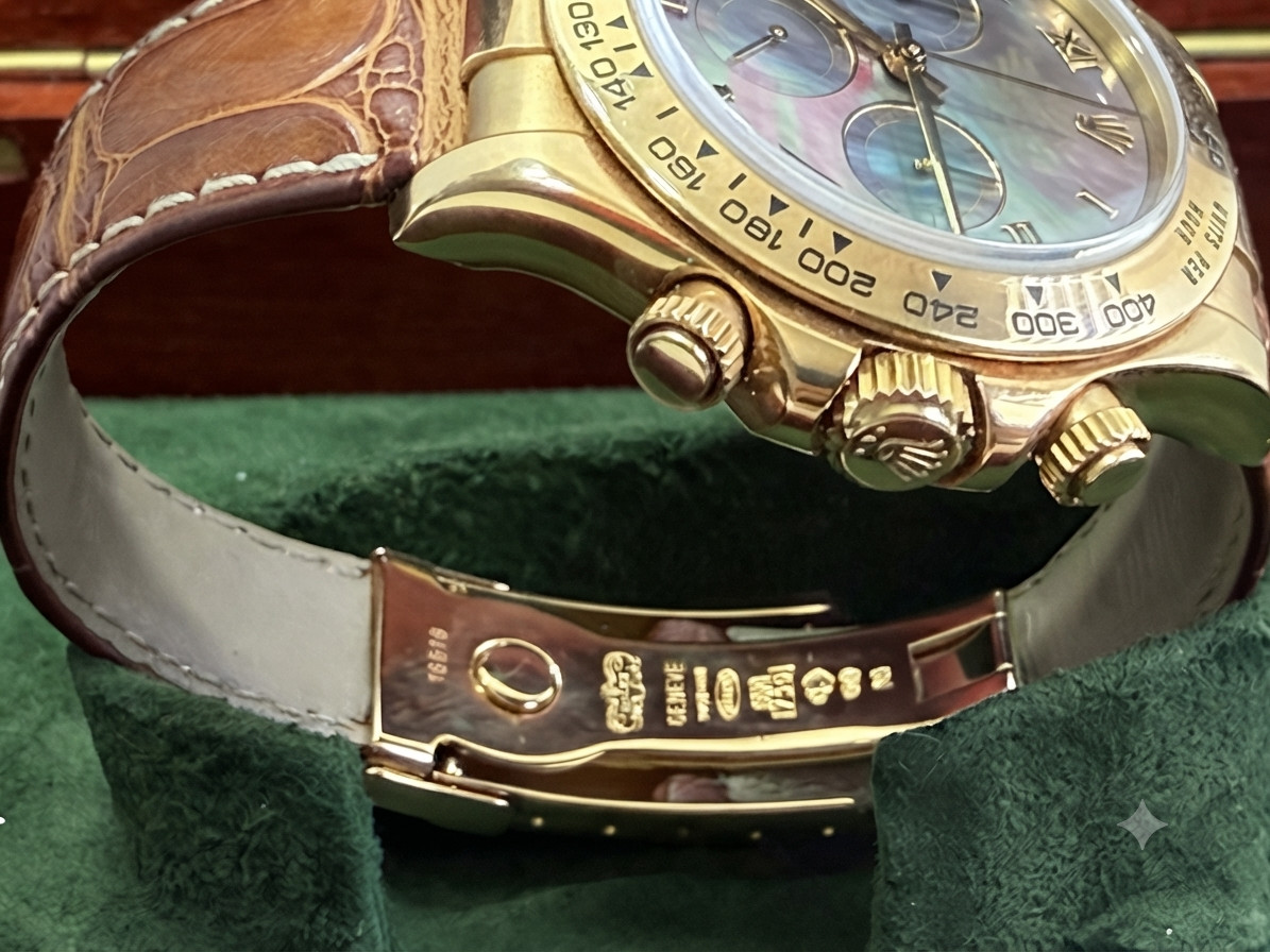 Rolex Daytona Yellow Gold Dark Mother of Pearl MOP Roman Black 116518 BOX PAPERS