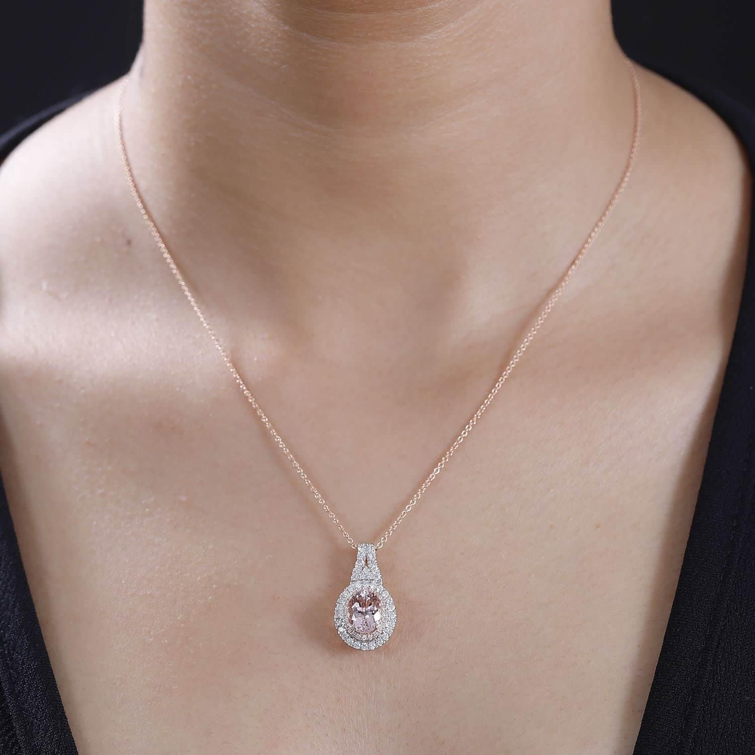 Pink Morganite G-H I2 Diamond 2.35 Double Halo Pendant Necklace 20 ” Rose Gold