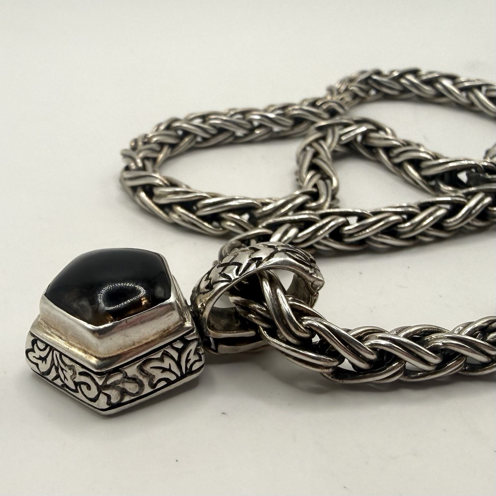 Fuzion 925 Sterling Silver Smoky Quartz Braided Chain Necklace 14” 50g Designer