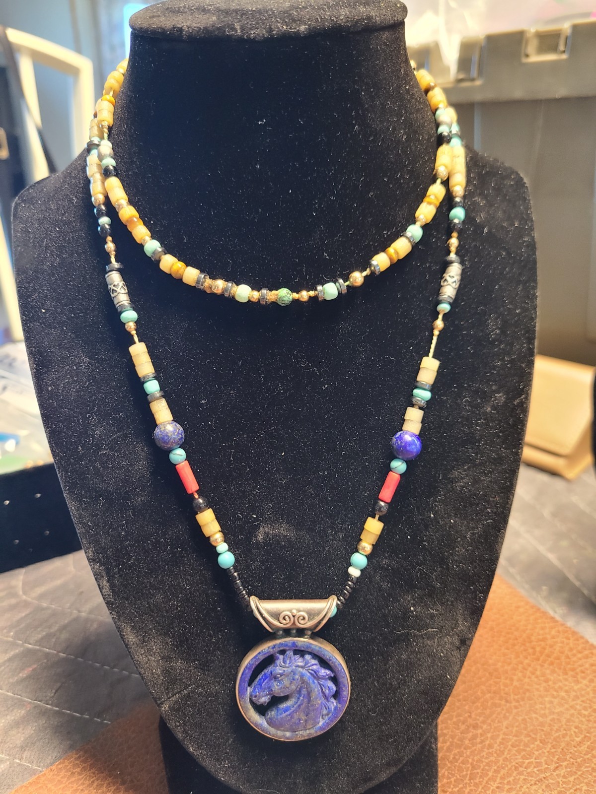 Vintage Sajen 14K Sterling Lapis Lazuli Turquoise Coral Horse Pendant Necklace