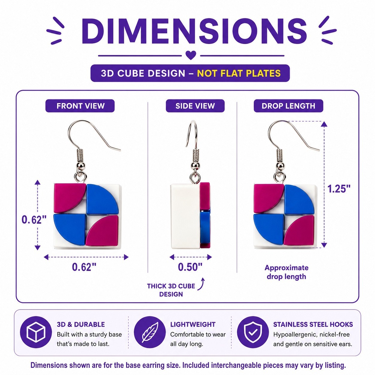 Interchangeable Building Brick Earrings Lavender Base w/ Purple & Green Pieces
