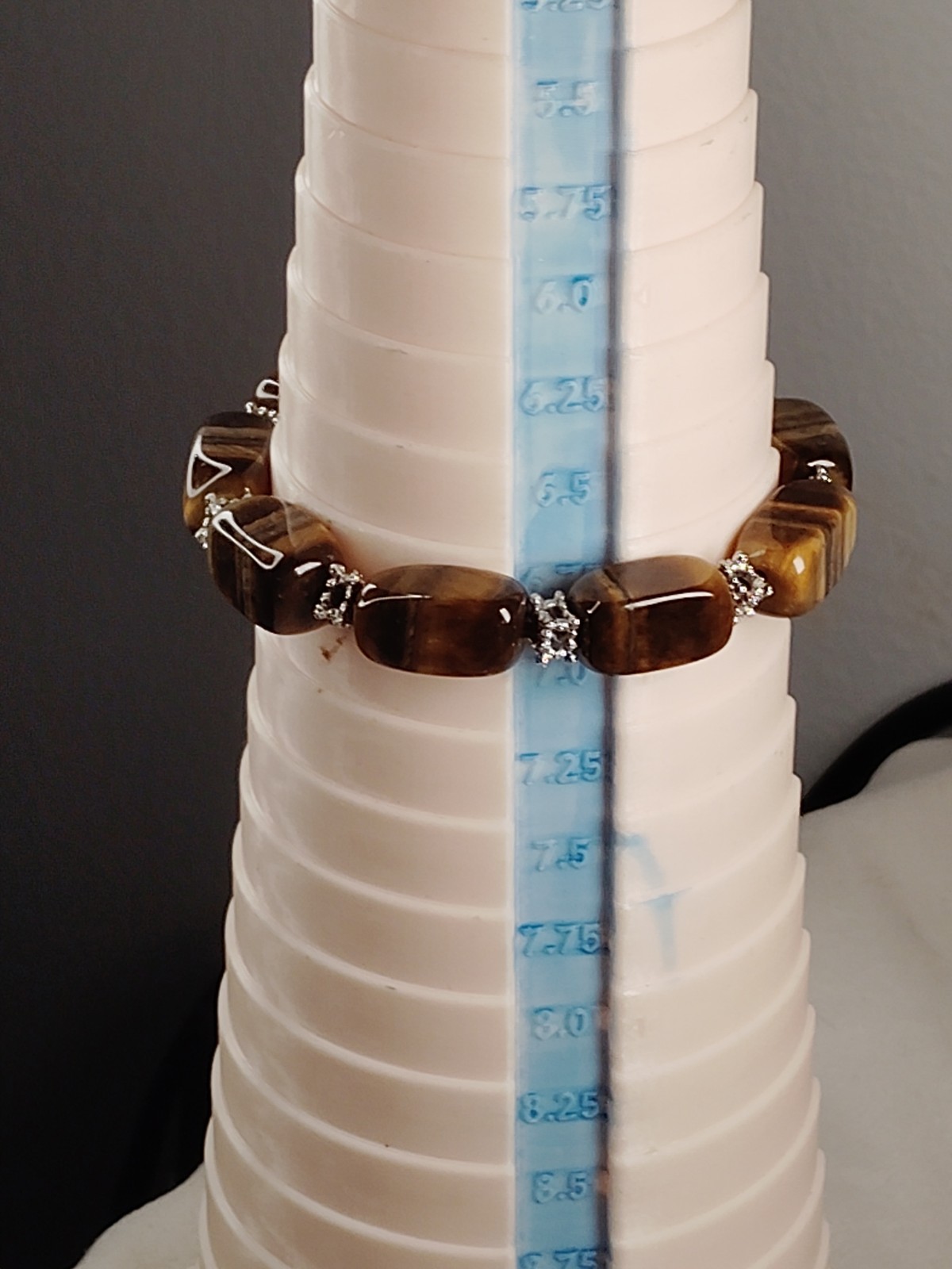Tiger’s Eye Brown Beaded Stretch Bracelet Silver Spacer Beads 7.25″