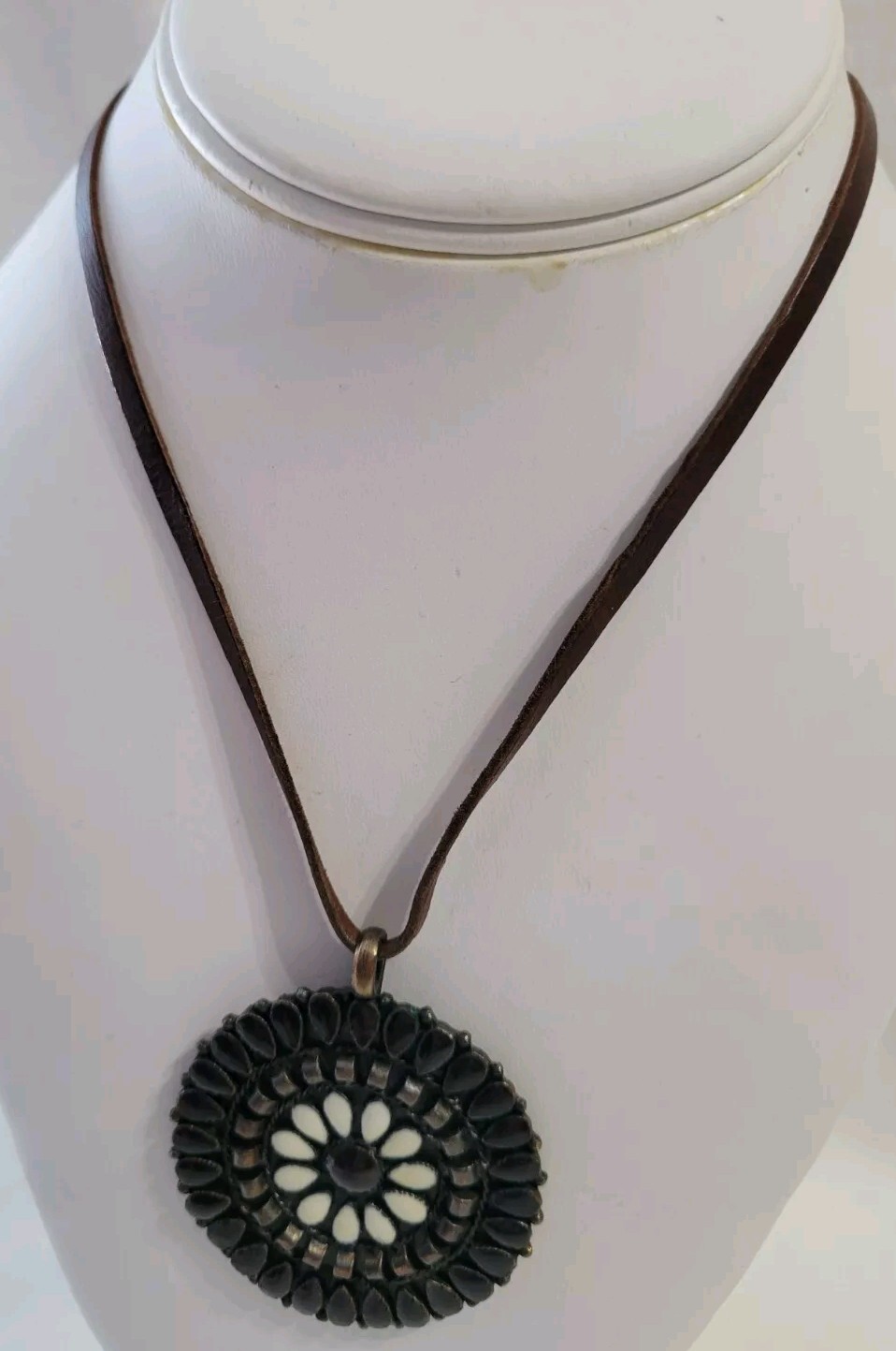 Copper Enamel Round Pendant White Brown Necklace Leather Metal Chain Boho Hippie