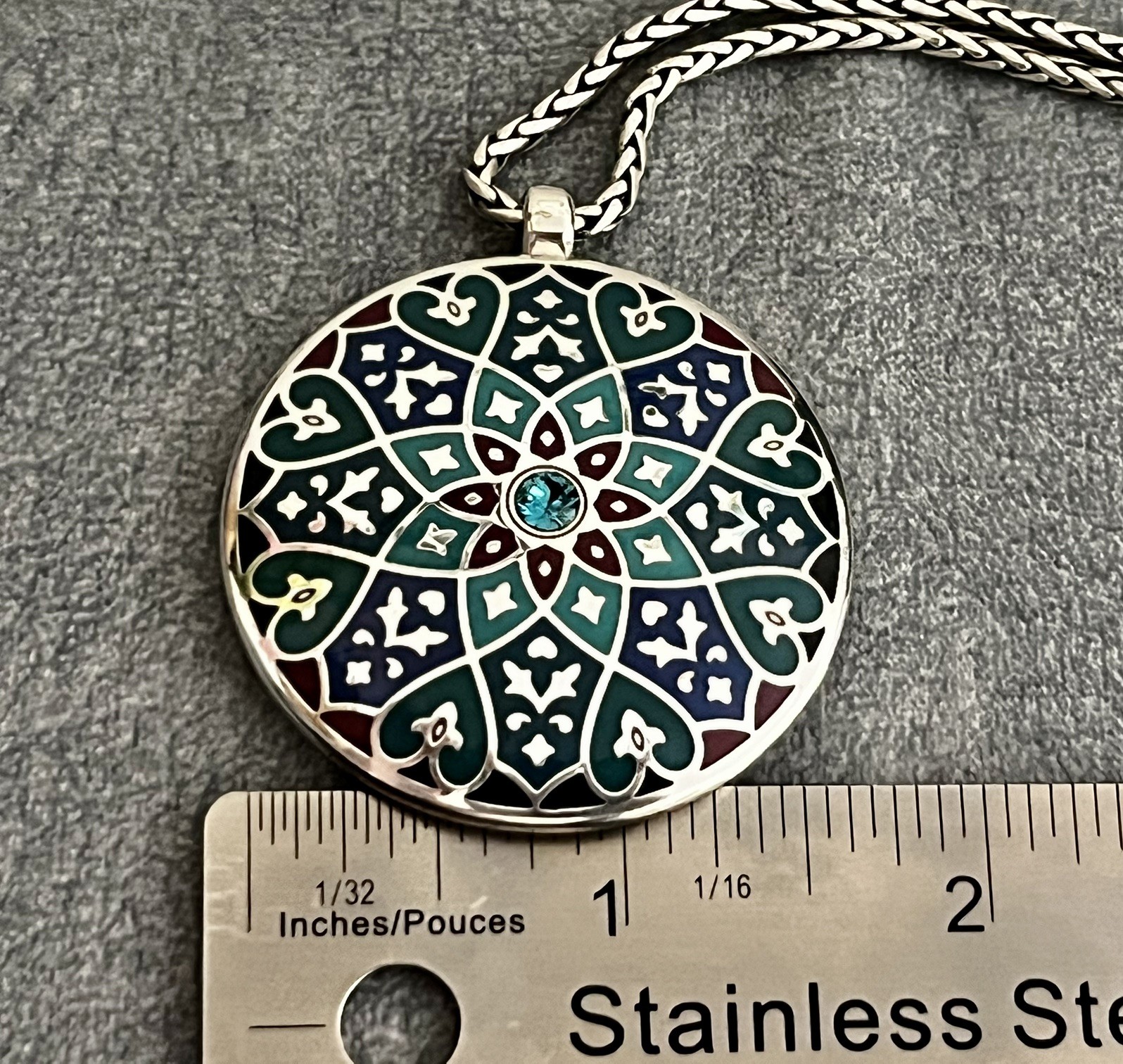 Brighton Zahra Reversible Mandala Necklace Teal Blue Enamel Crystal Silver Tone