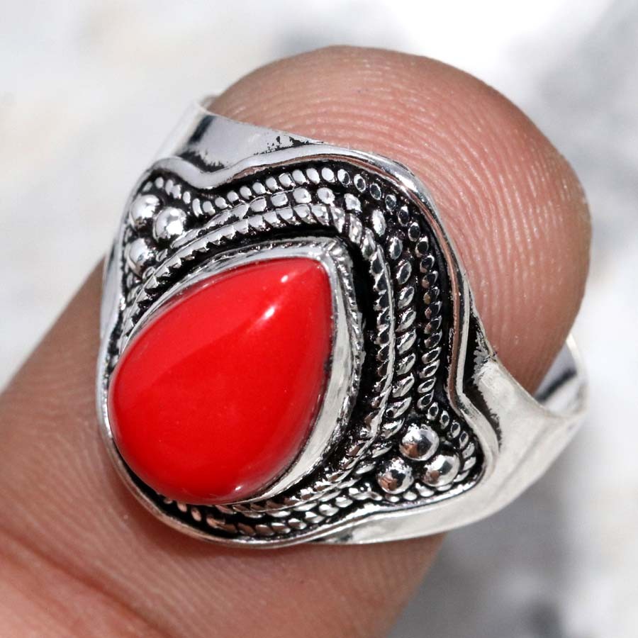 Exclusive Red Coral 925 Silver Plated Ring US 9.5 Unique Daily Wear Gift MJ