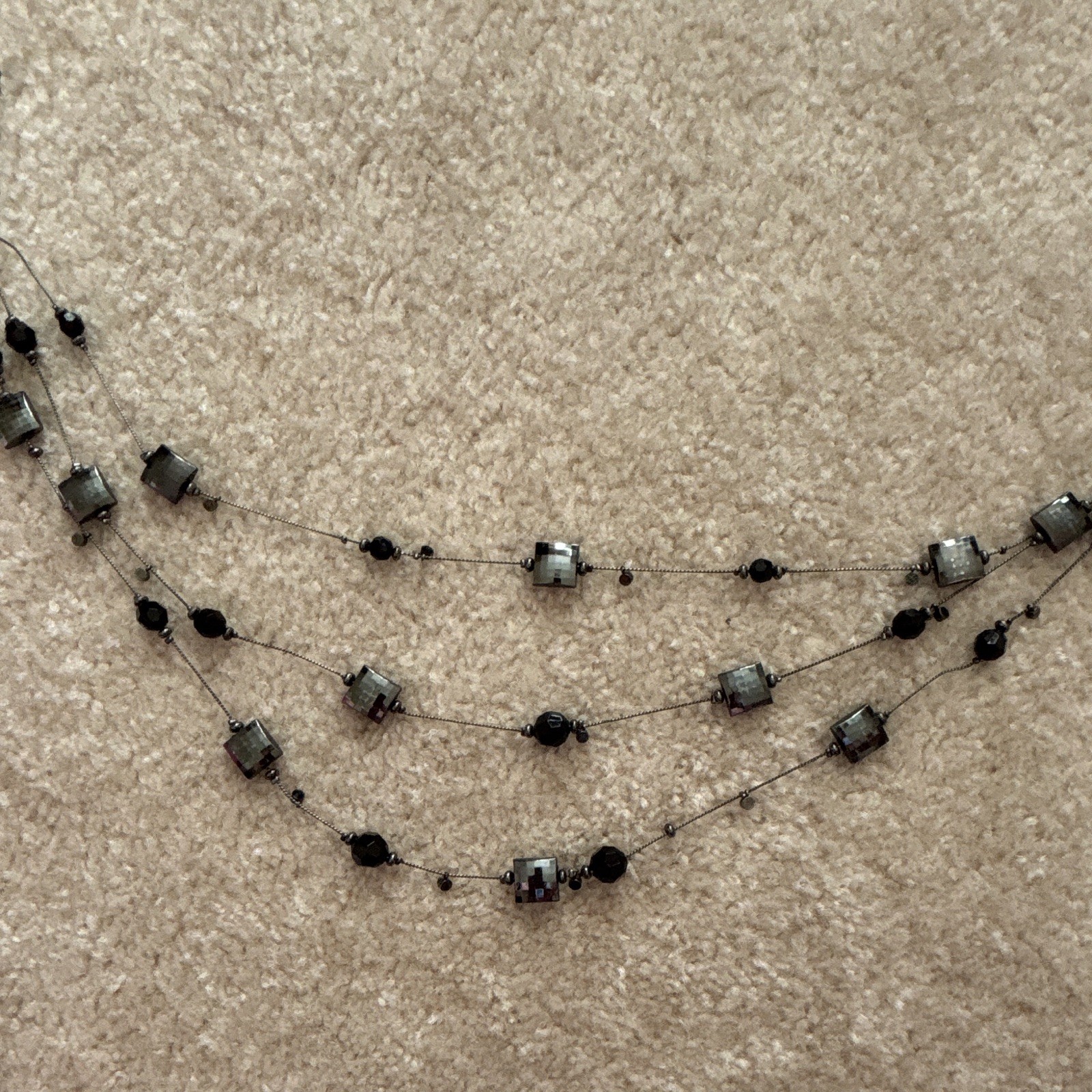 Multi-Strand Layered Beaded Necklace, Black/Gray Glass Beads, Silver Tone Wire