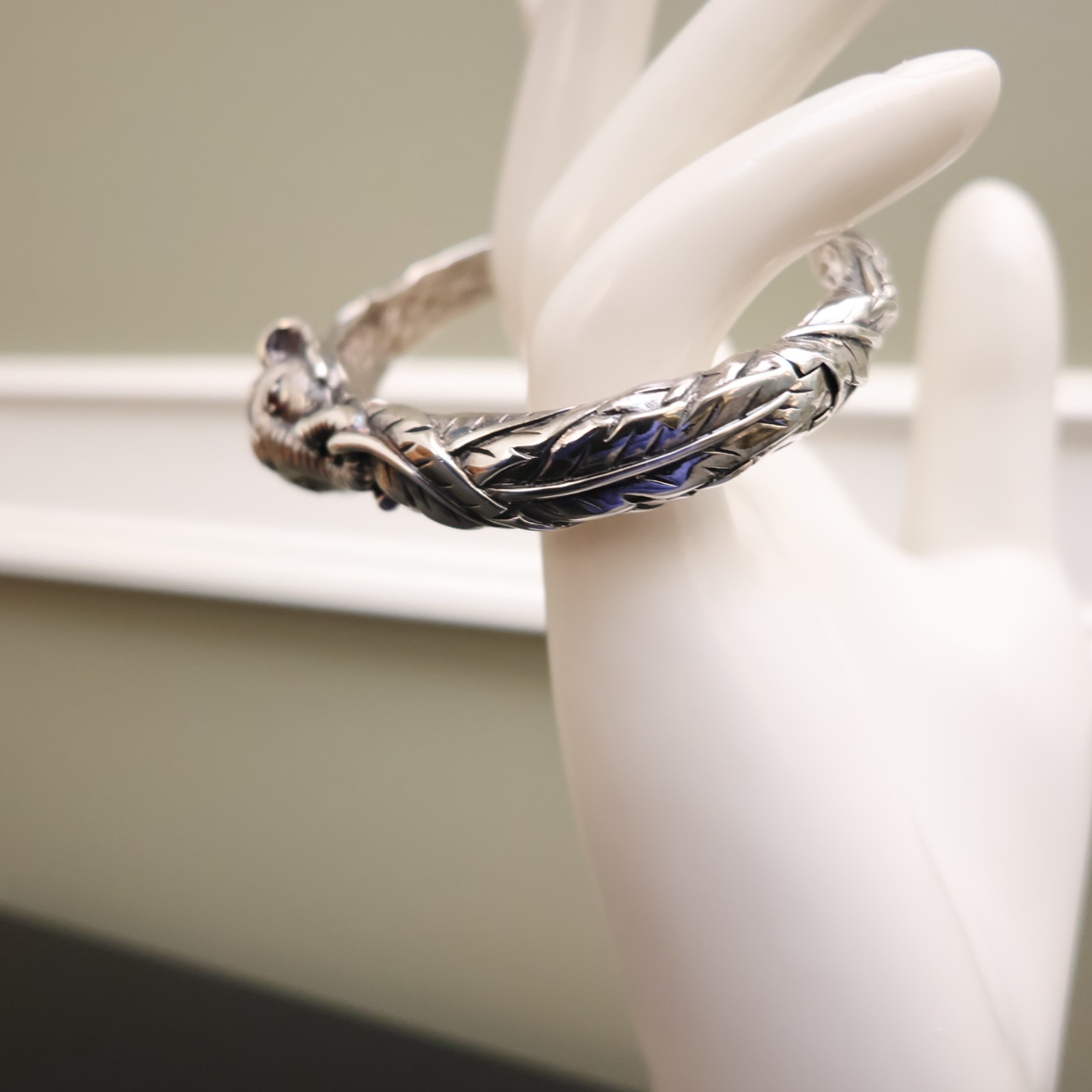 Jai bracelet elephant 925 sterling silver 14K gold hinged cuff garnets Sz 6.75in