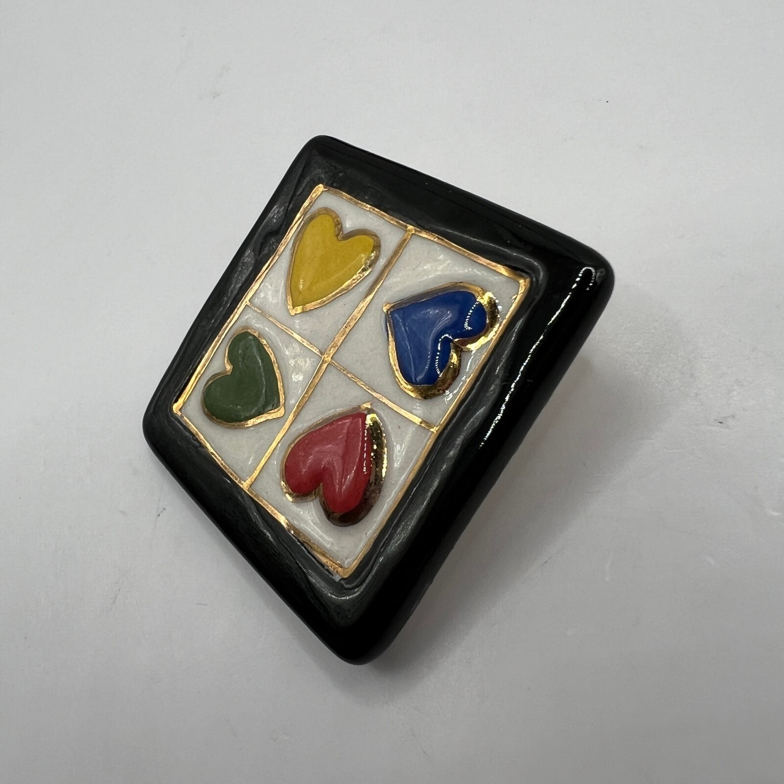 Vintage Clay Four Heart Brooch Square Ceramic Enamel Pin