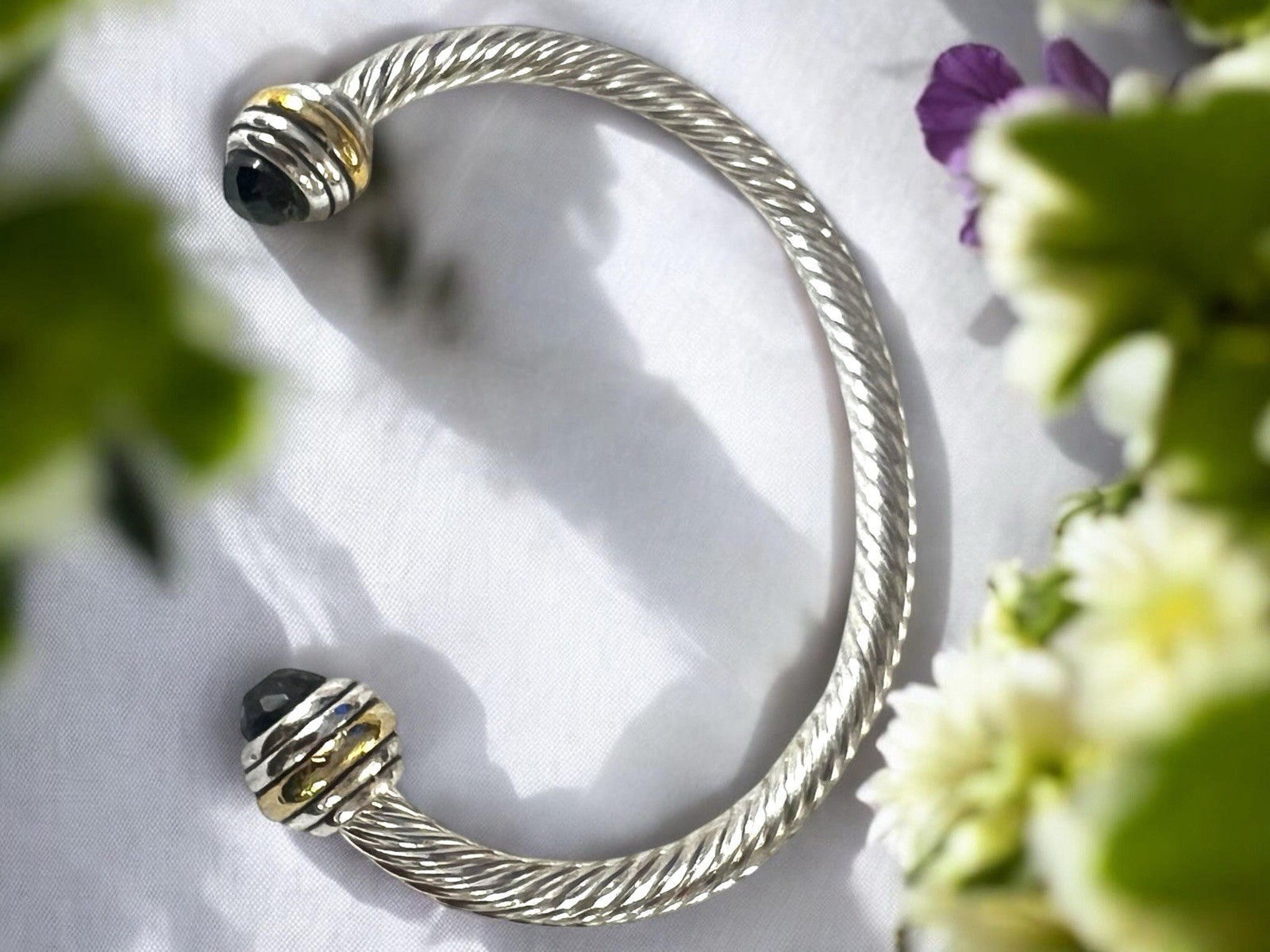 Silver Tone Twisted Open Cuff Bracelet with Black Faceted Stone Ends