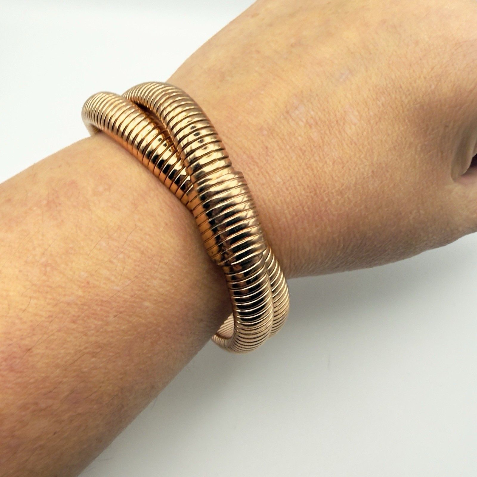 Gold Tone Gaspipe Tubogas Double Wrap Crossover Flexible Bangle Bracelet 7-7.5″