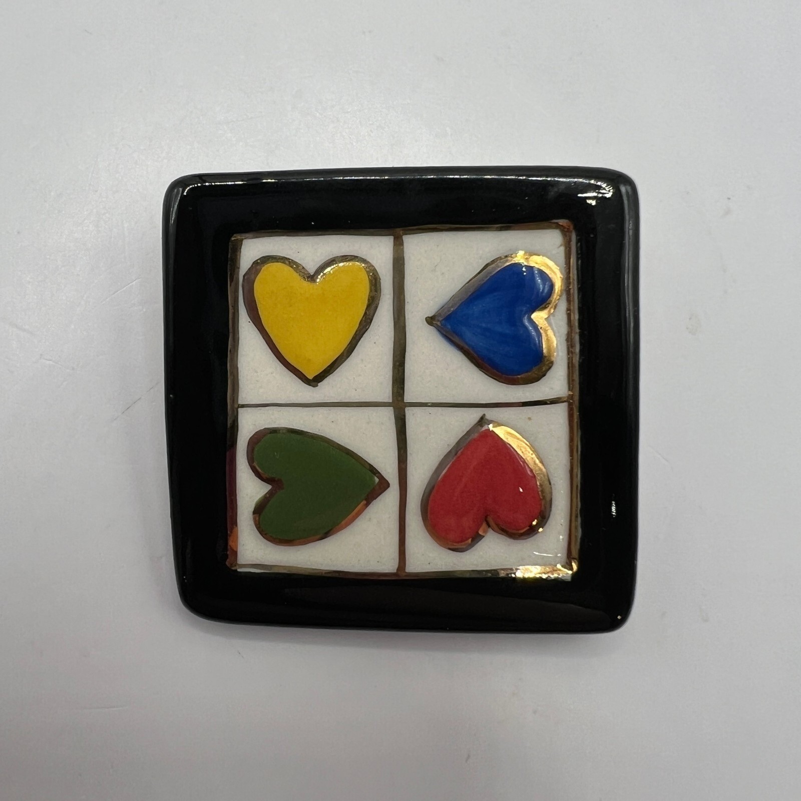 Vintage Clay Four Heart Brooch Square Ceramic Enamel Pin