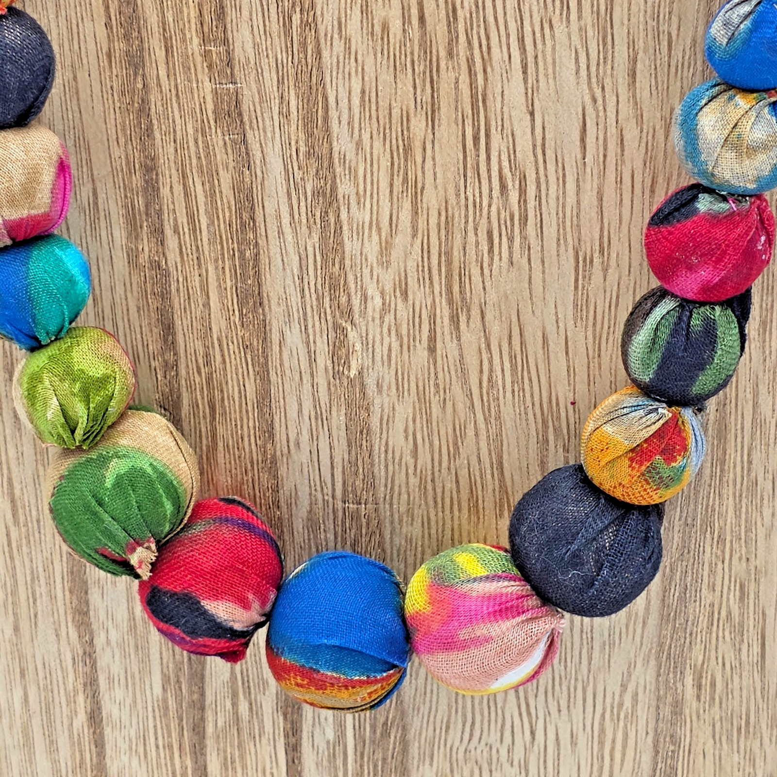Plunder Kantha Fabric Wrapped Graduated Bead Necklace Multicolor 20”