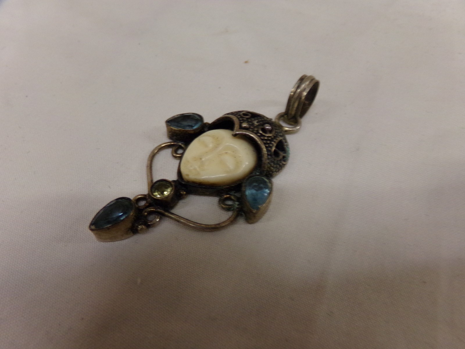 SAJEN Goddess Carved Silver Necklace Pendant With Blue Topaz Stones Unsigned