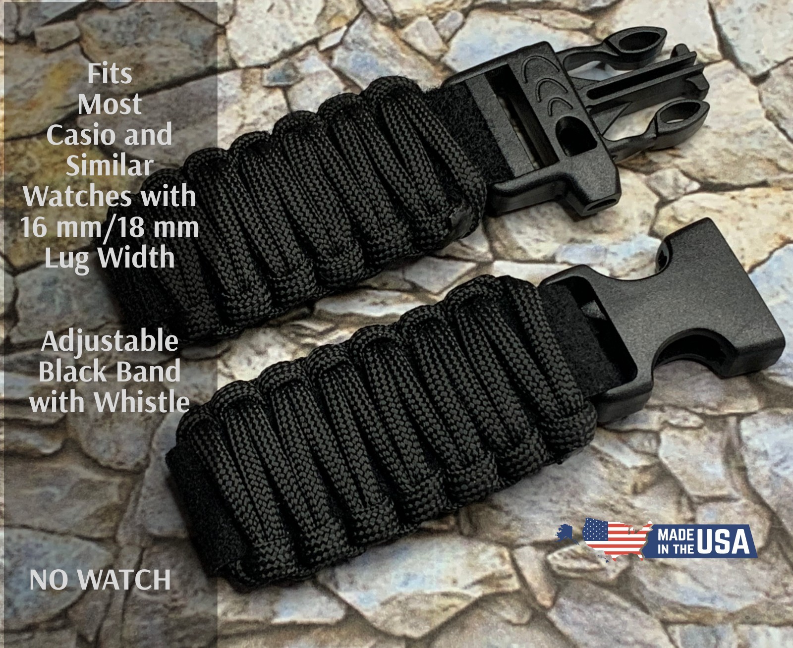 Universal Adjustable Paracord Watch Black Straps Casio with Whitle 16 mm 18 mm