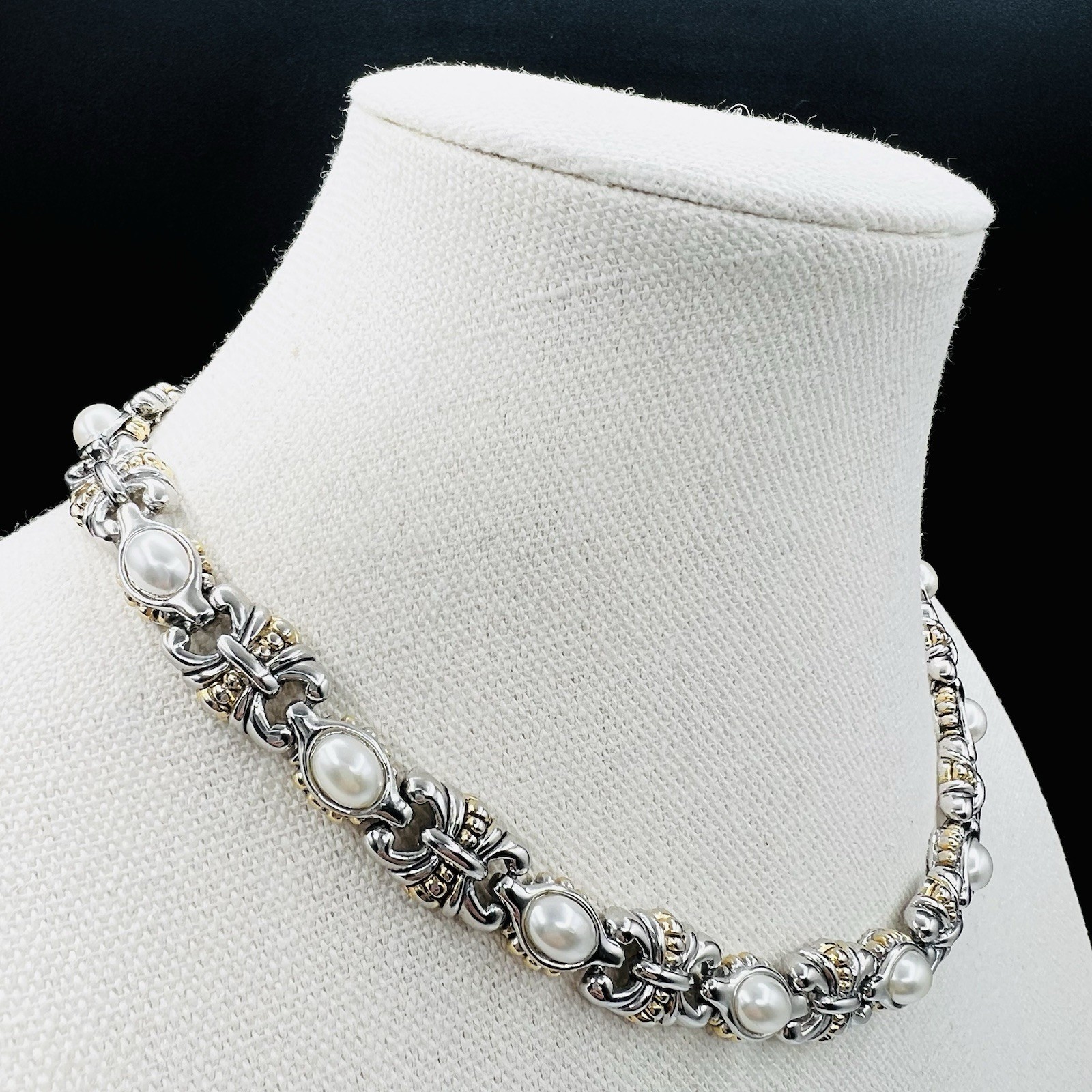 Mixed Metal Faux Pearl Choker Necklace Classic Link Vintage Style Statement Prom