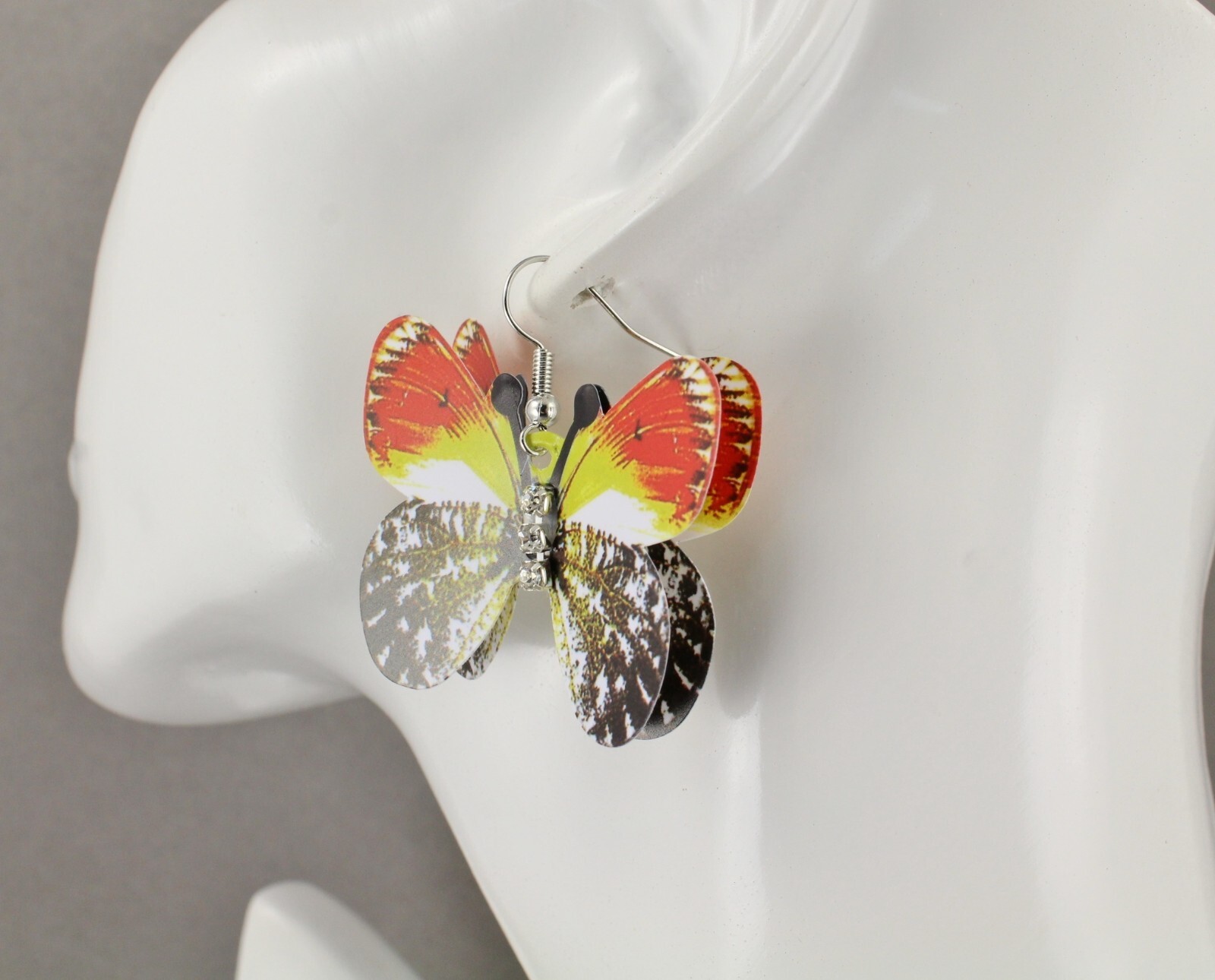 Red Yellow Black butterfly earrings 3D dangle 1 5/8″ long Very lightweight wings