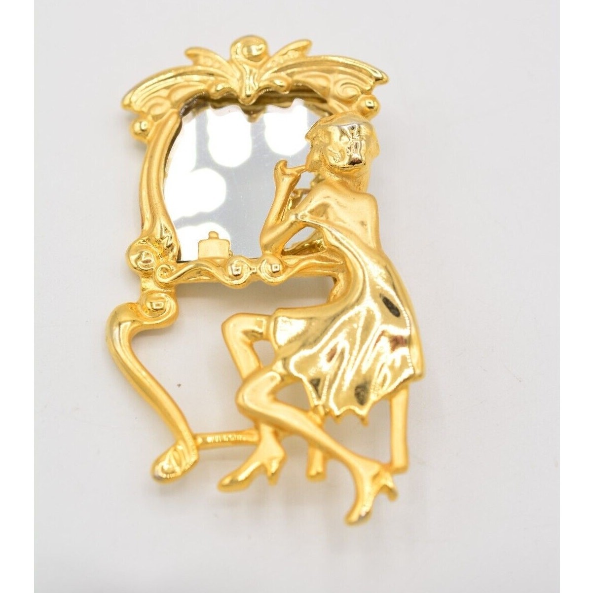 Vintage Vanity Mirror Pin Brooch Woman Beauty Brushed Gold Retro NOS 1980s BinA3