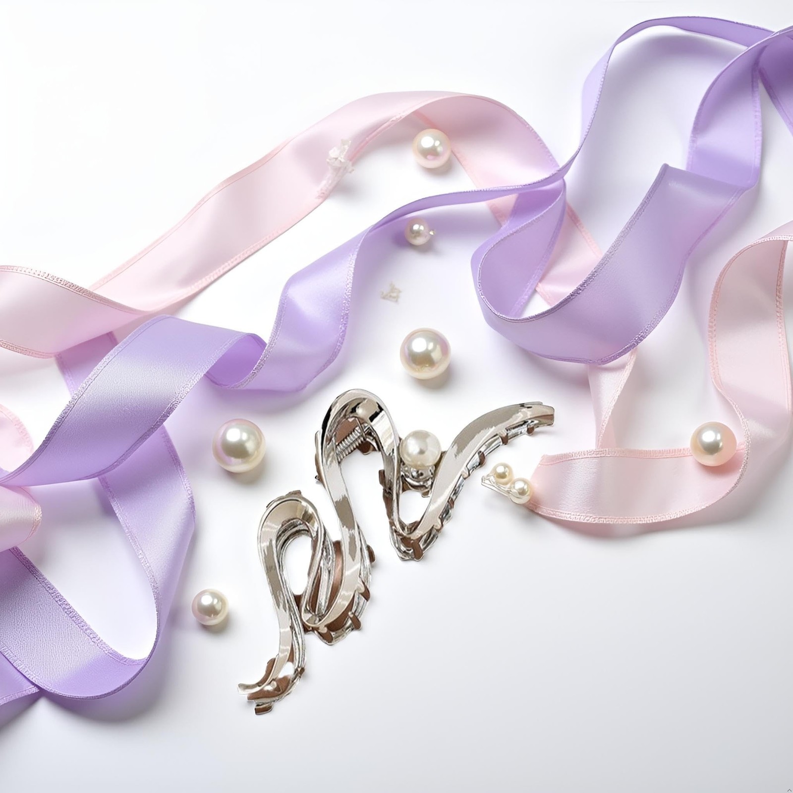 1Pc Silver Metallic Ribbon-Shaped Pearl Metal Hair Claw Clips,Large Hair Claw…