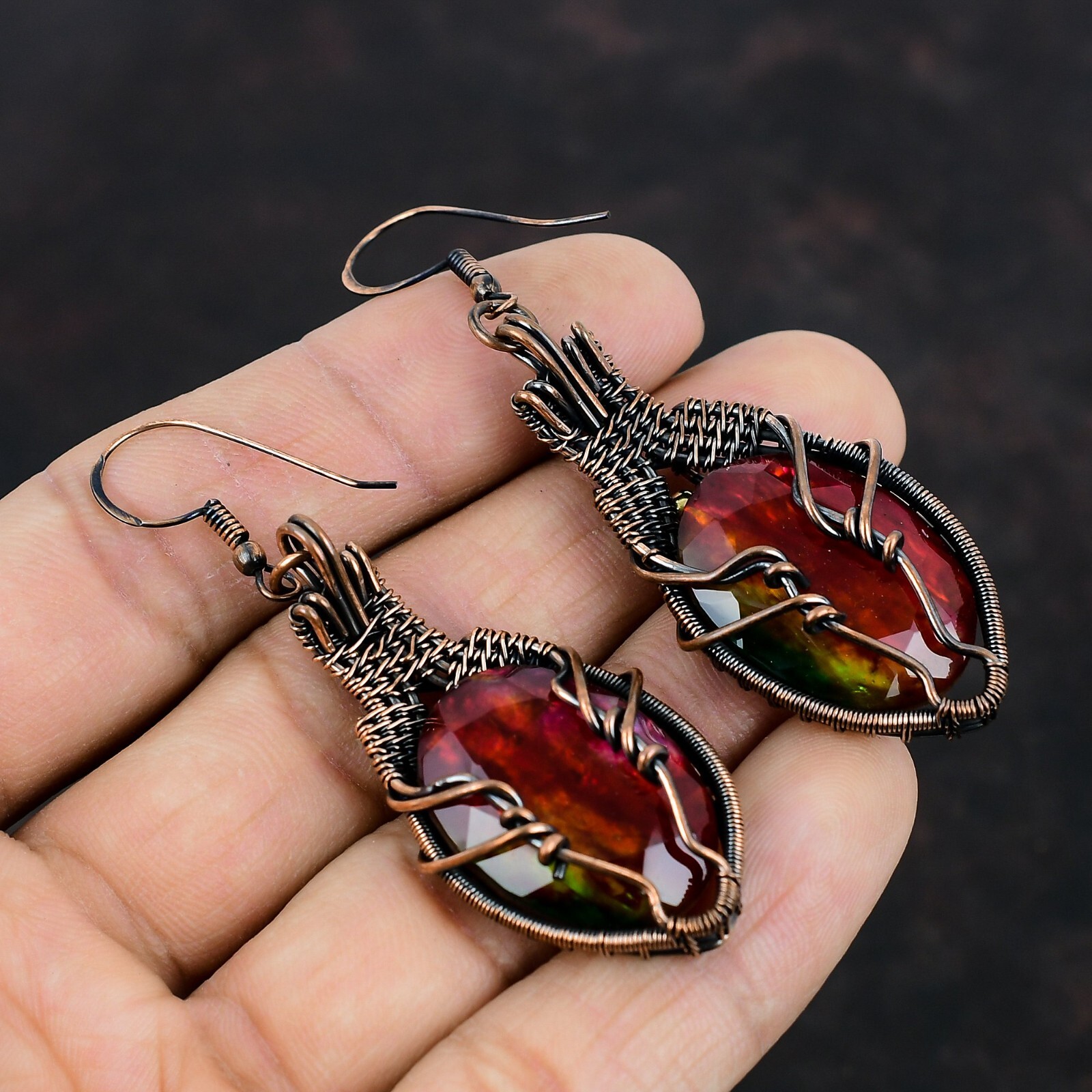 Ammolite Jewelry Copper Gift For Mum Wire Wrapped Drop/Dangle Earrings 2.95″
