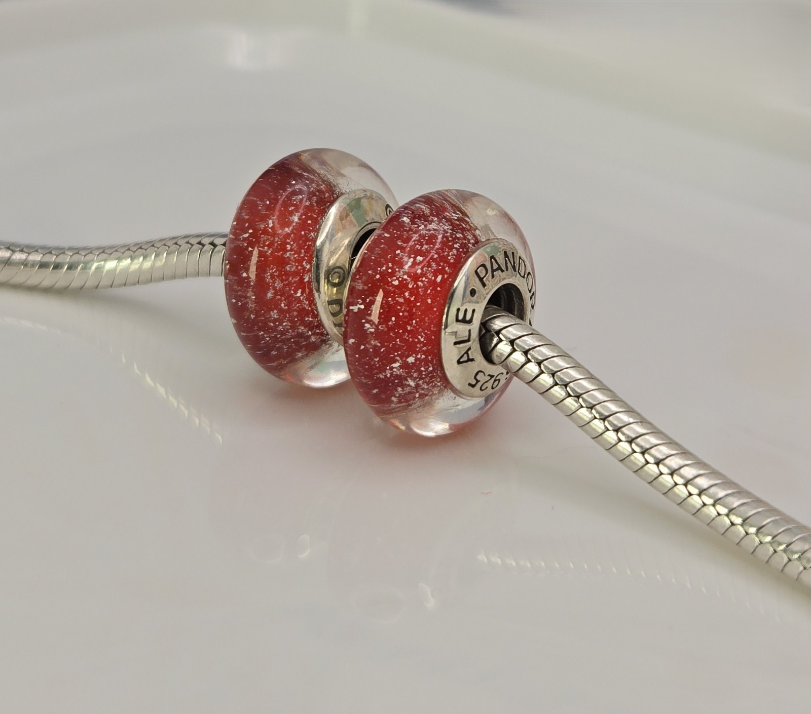 Authentic Pandora Pair of Disney Red Snow White Charms Murano Glass