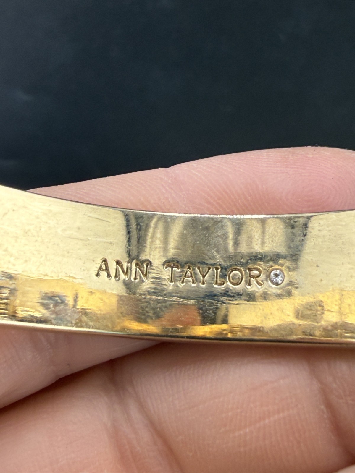Vintage Ann Taylor Bangle Bracelet Faux Pearl Smokey Rhinestone 6.5″ Signed