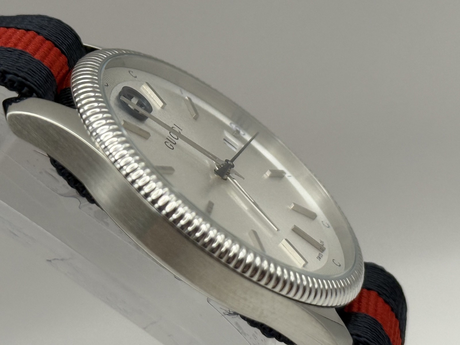 Gucci G-Timeless Silver Dial Blue and Red Nylon Strap Watch 38mm YA1264237