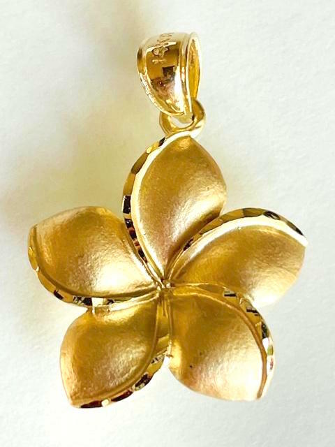 14K Solid Yellow Gold Hawaiian Plumeria Flower Pendant W: 3/4″ (18 mm) E26-18