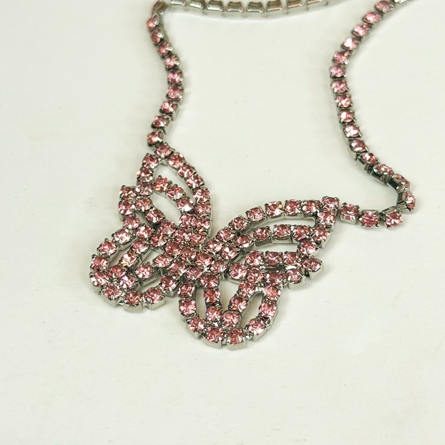 Pink Rhinestone Butterfly Necklace