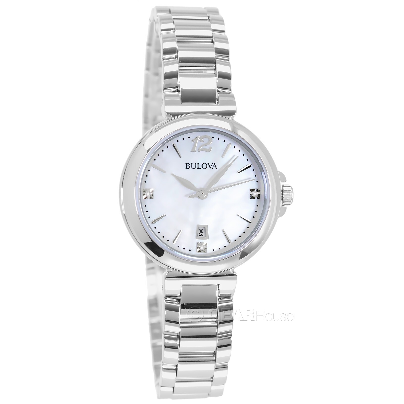 BULOVA Womens Dress Watch Genuine Diamonds, White MOP Dial, Stainless Steel Band
