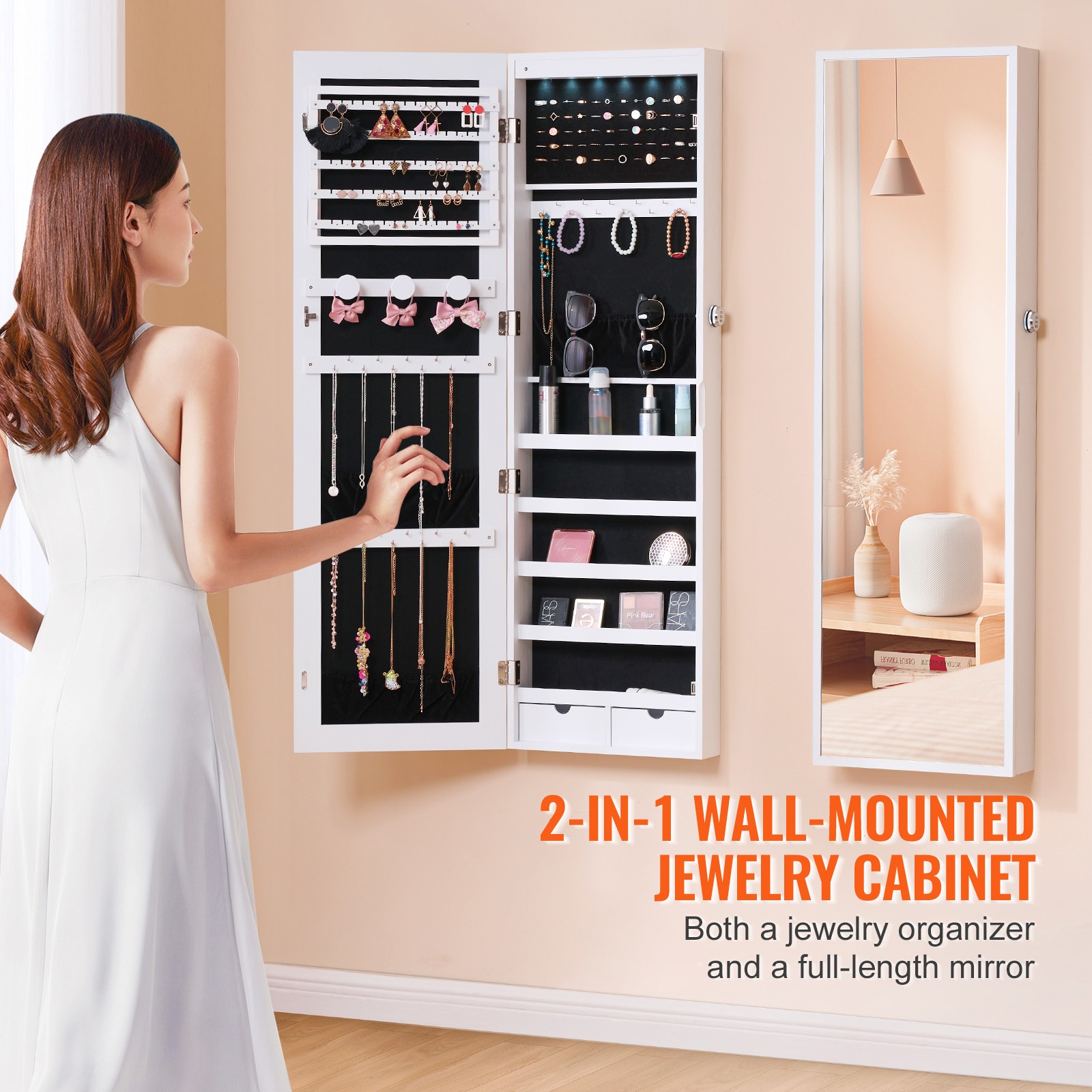 Uimoso Mirror Jewelry Cabinet47.05in Lockable Wall or Door Mounted Armoire White