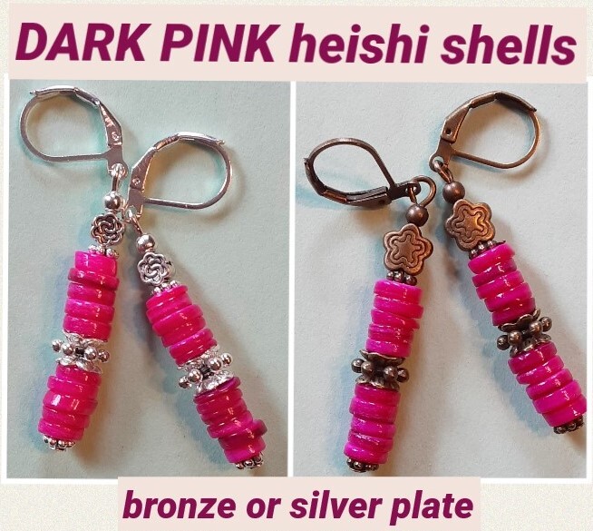DARK PINK HEISHI CHIP DROPS bronze or silver pl leverback CHOOSE XX
