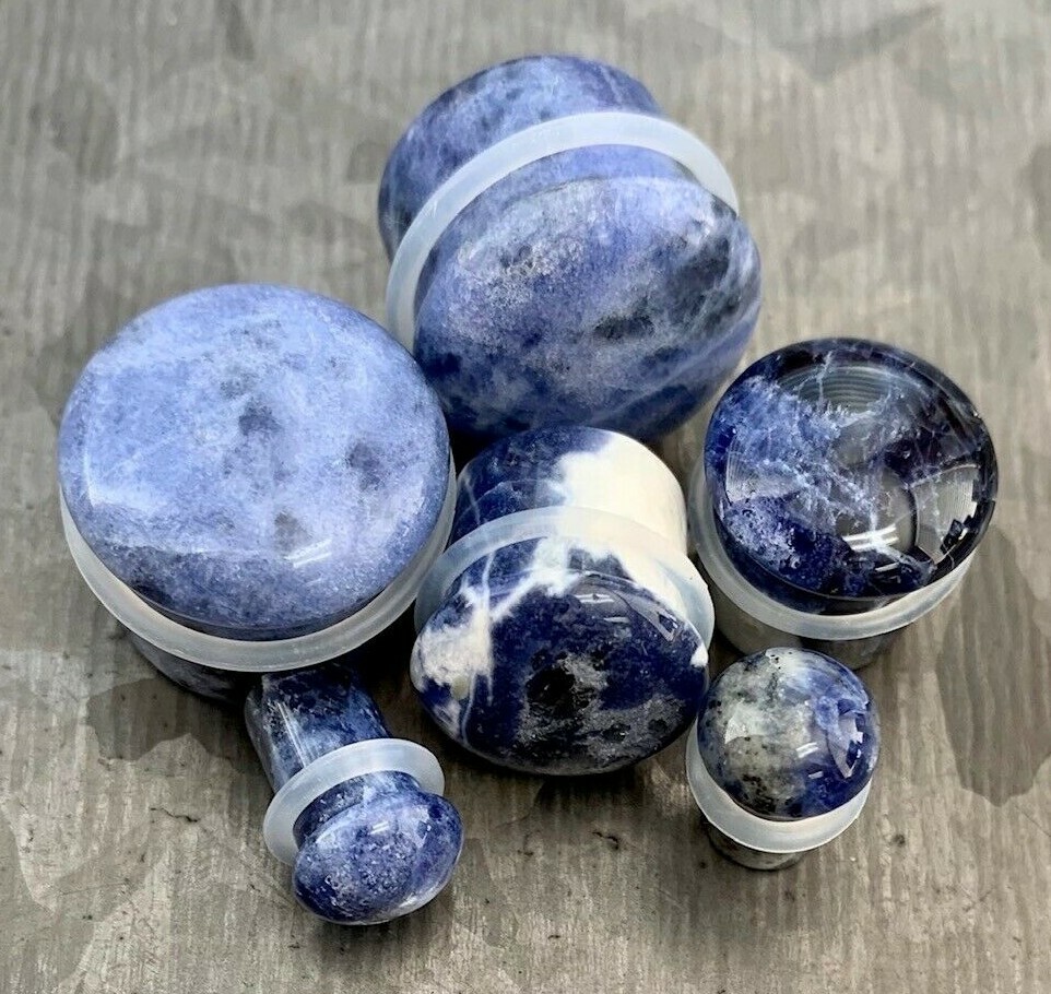 PAIR Single Flare Sodalite Stone Plugs Blue Organic Gauges Earlets Body Jewelry