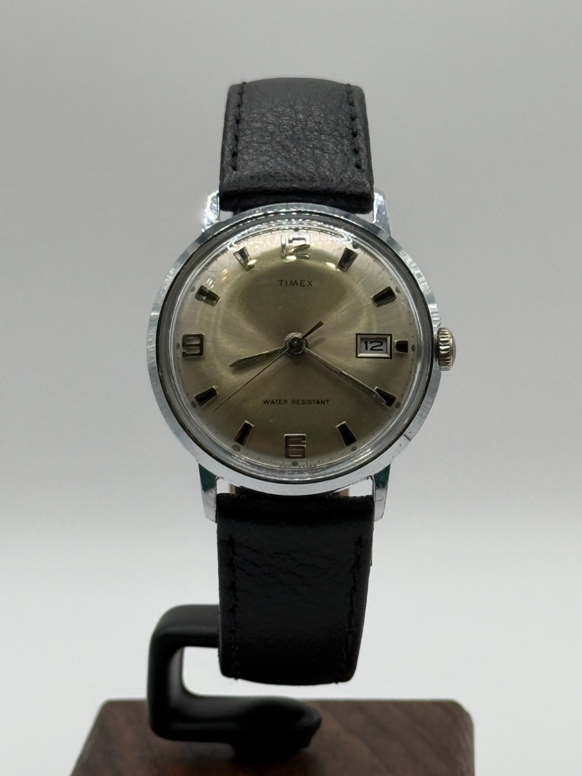 Vintage 1970 Timex Marlin Mechanical Silver Tone Black Leather Serviced