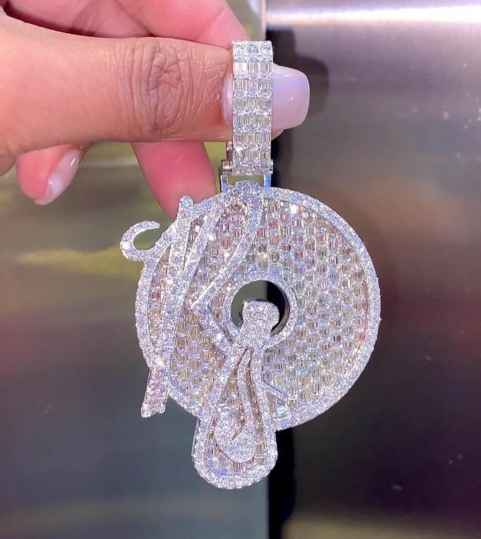3 ct RD Emerald Cubic Zirconia Custom Disk Initial Name Pendant in Silver