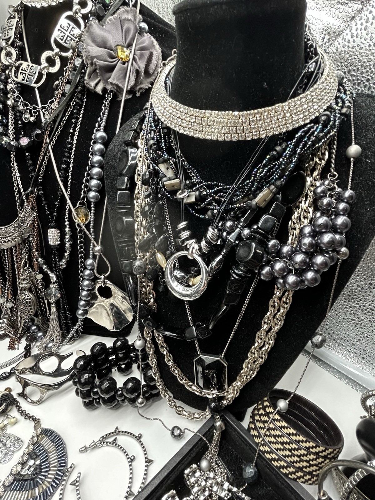 Vntg to Now Black/Silver Jewelry Lot All Wearable 8+ Lbs, 148 Pc #240