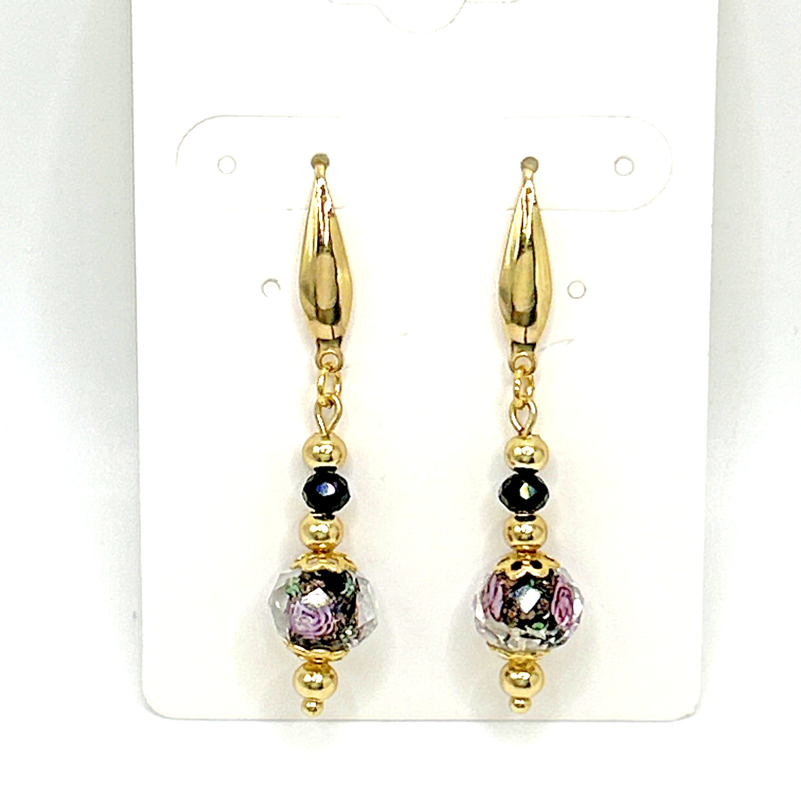 Tiny Pink Roses Lampwork Glass Beaded Dangle Drop Earrings Gold Stainless Steel