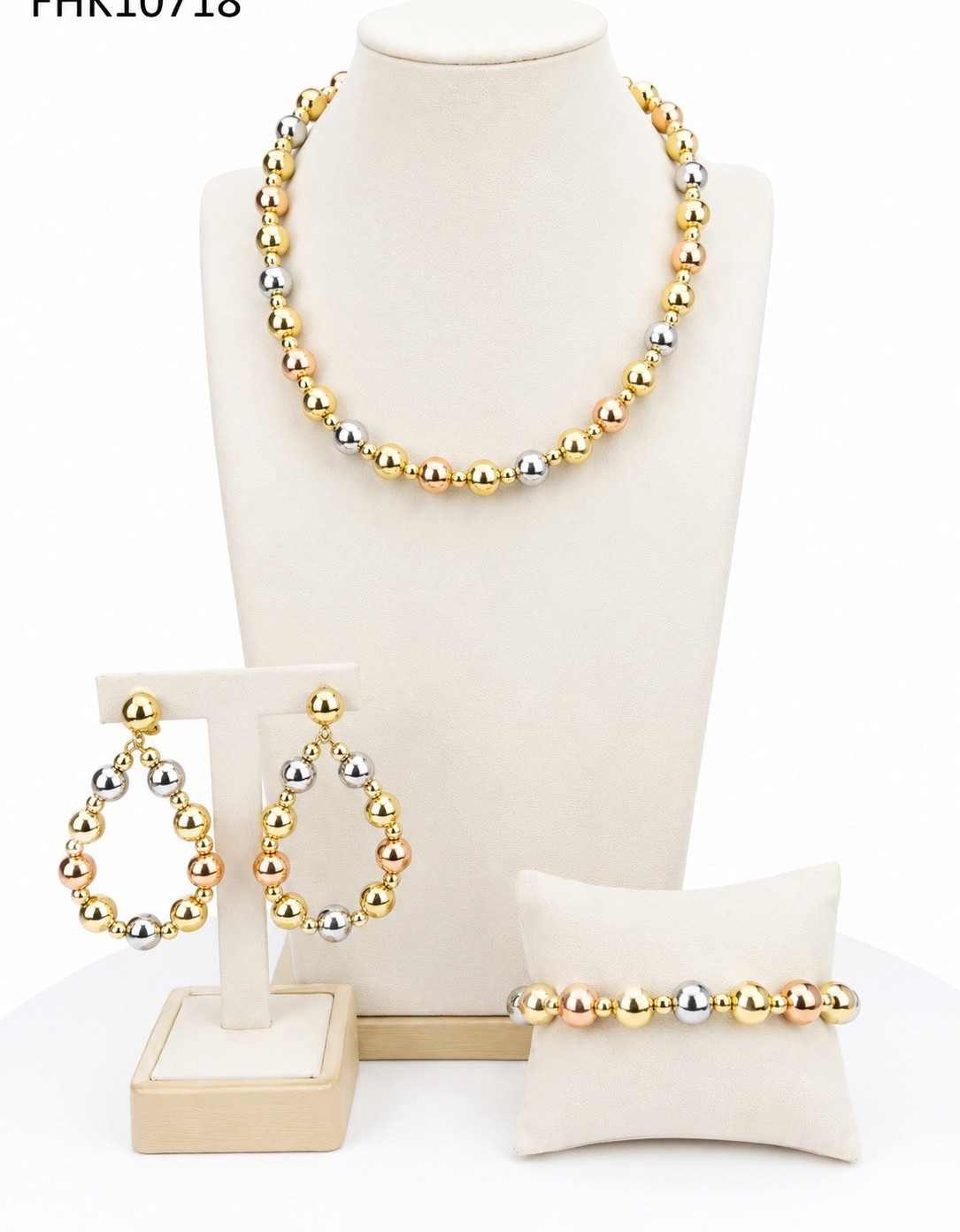 Gold & Silver Tone Beaded Set Necklace Earrings Bracelet FHK10718