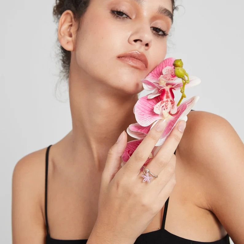 Pink Flower Fidget Spinner Ring in 925 Sterling Silver