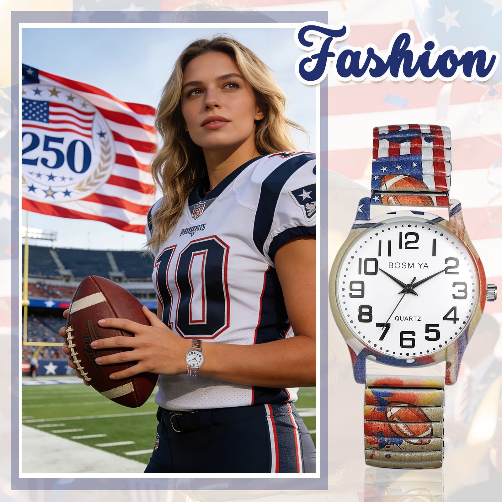 Men Women USA 250th Anniversary Stainless Steel Printed Elastic Band Wrist Watch