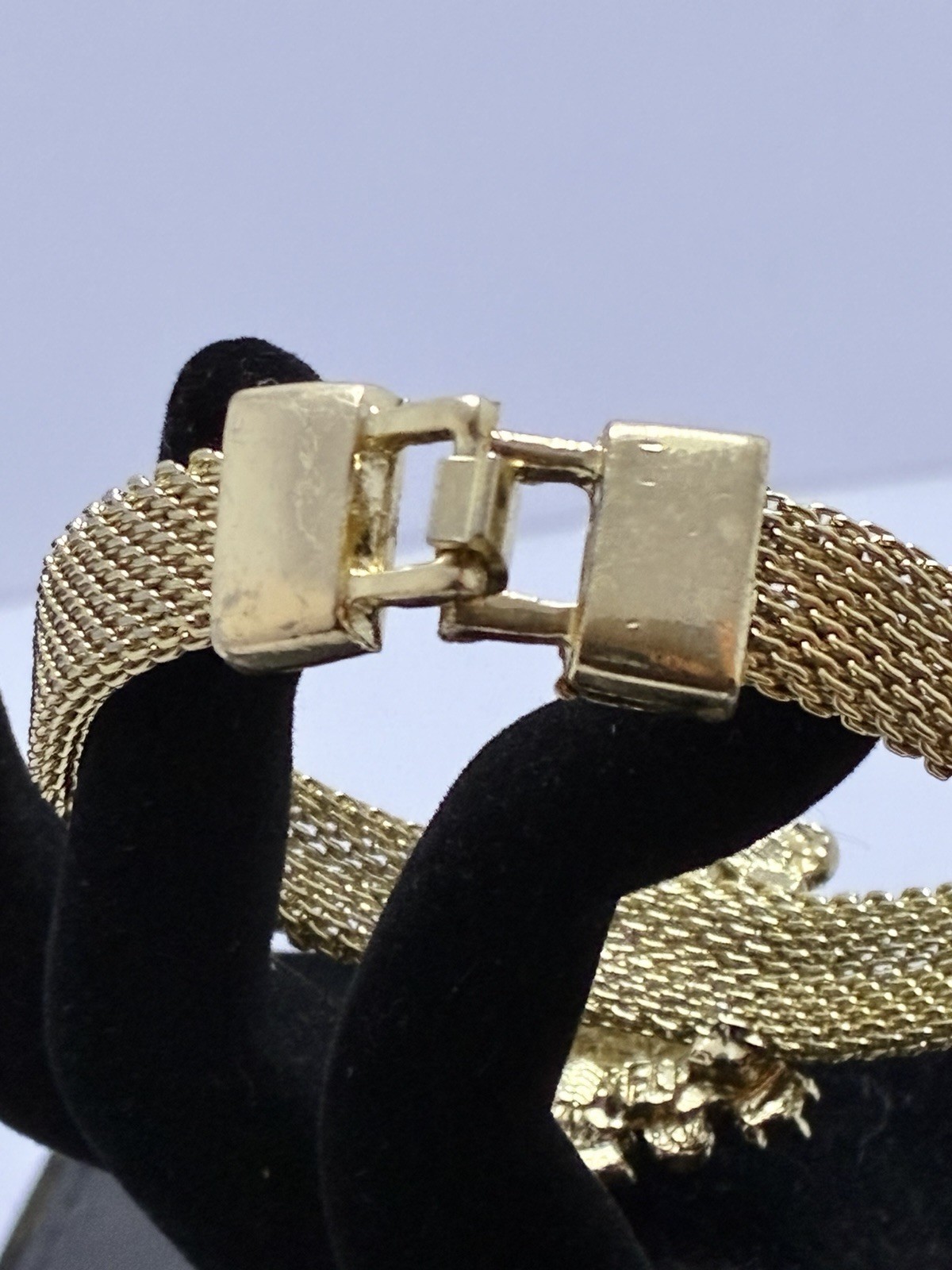 Vintage Signed Florenza Gold Mesh 7″ Fold-Over Clasp Bracelet Rhinestone As-Is R