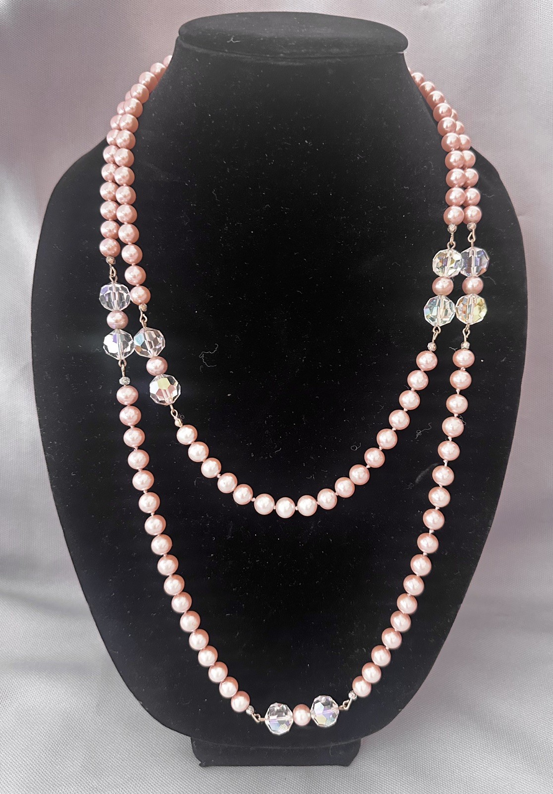 Vintage Elegant Long Dusty Pink Faux Pearl & Crystal Accent Bead Necklace-26 in