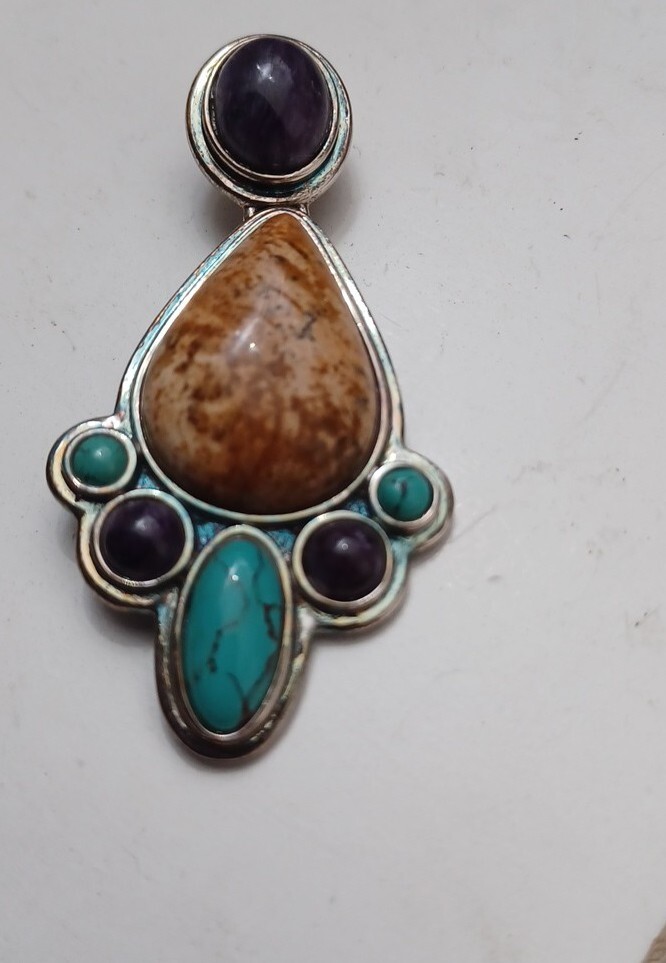 Jasper Turquoise Amethyst Pendant Southwestern Style Sterling 925 2 1/2″