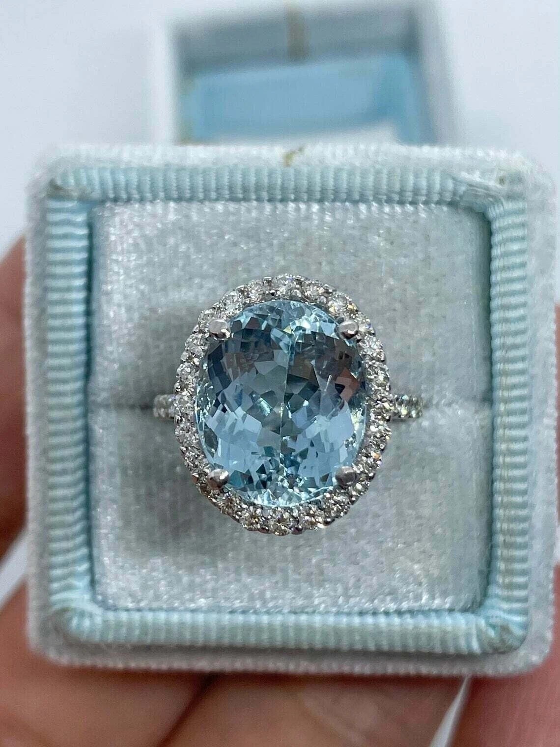 3Ct Oval Cut Lab-Created Aquamarine Halo Engagement Ring 14K White Gold Plated