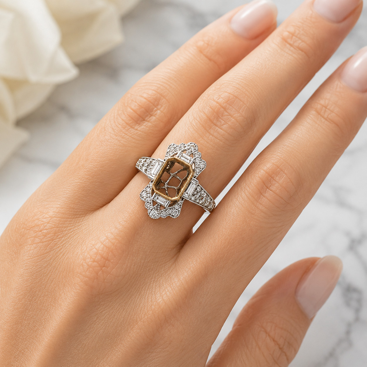 Semi-Mount Art Deco Ring with 0.82 cttw Natural Diamond, Solid 14K White Gold