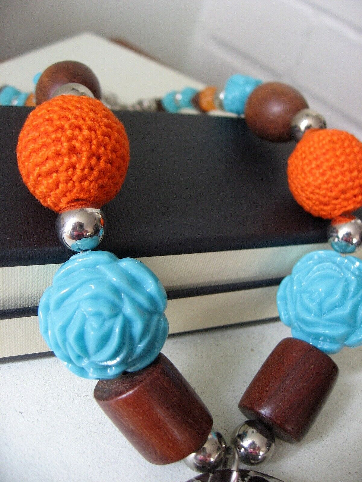 Tarina Tarantino Necklace Carved Rose Wood Crystal Crochet Unworn See Paint Flaw