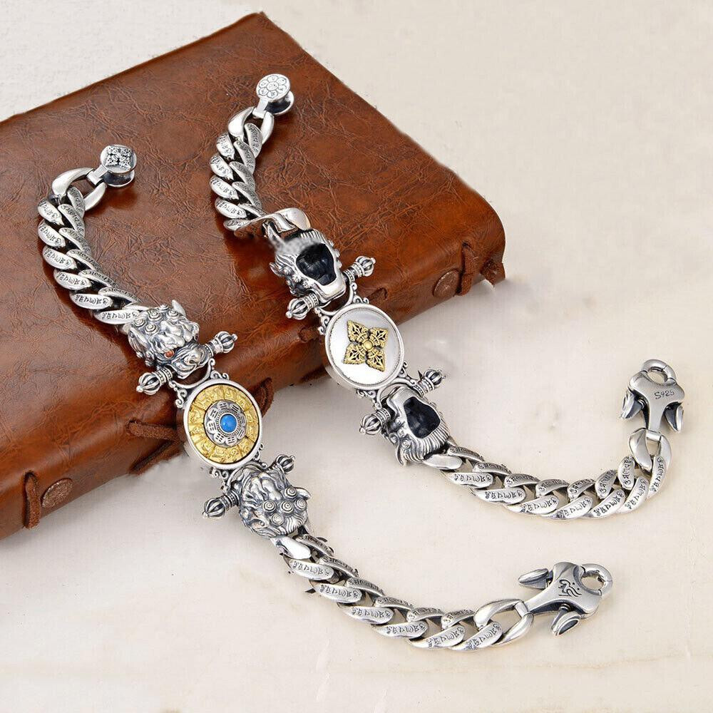 Pure S925 Sterling Silver Chain 11mm Double Pixiu Curb Link Bracelet 7.1-8.7inch