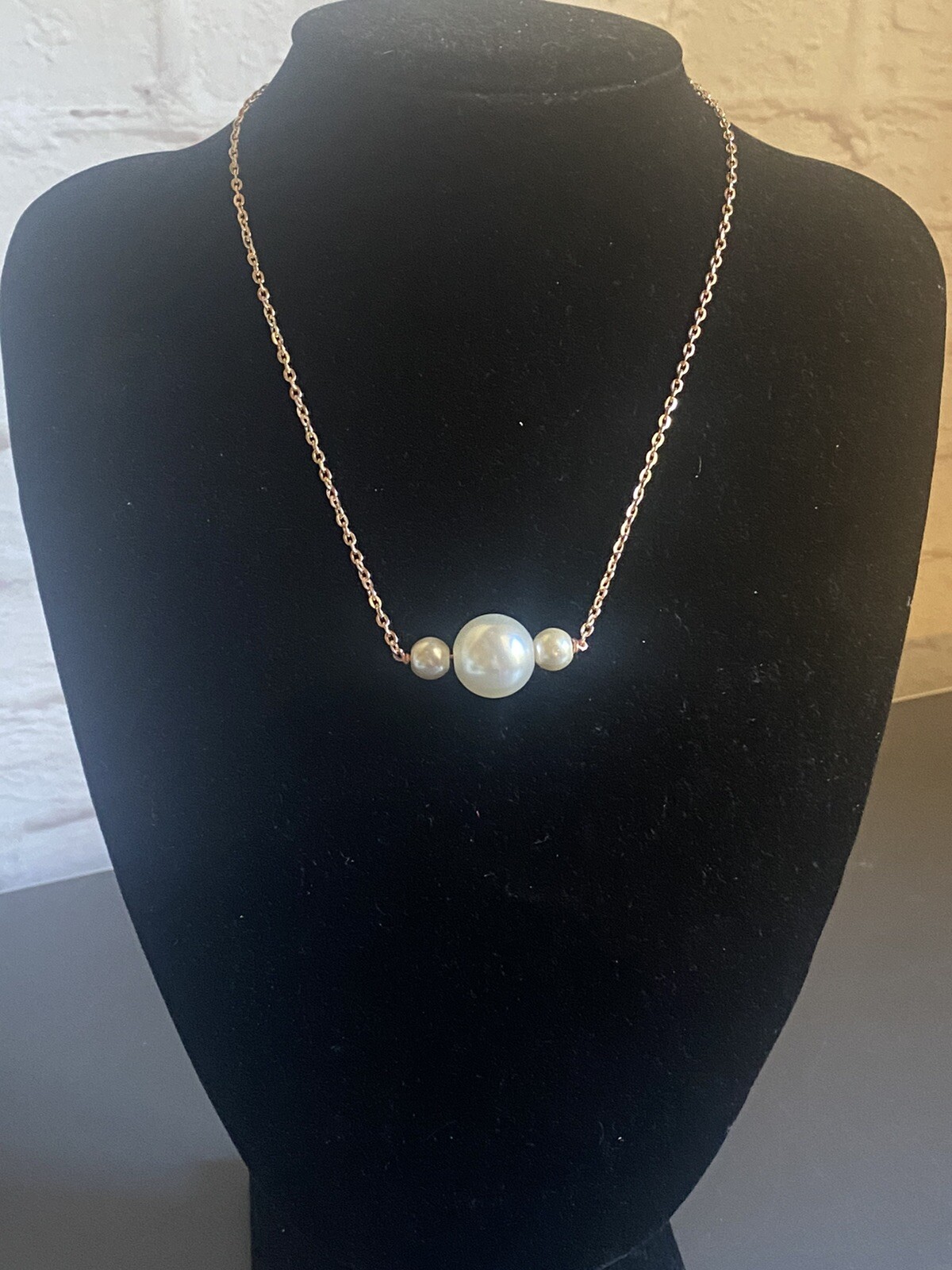 Costume Necklace Three Ivory Pearls on Rose Gold Tone Chain, Free Gift Box