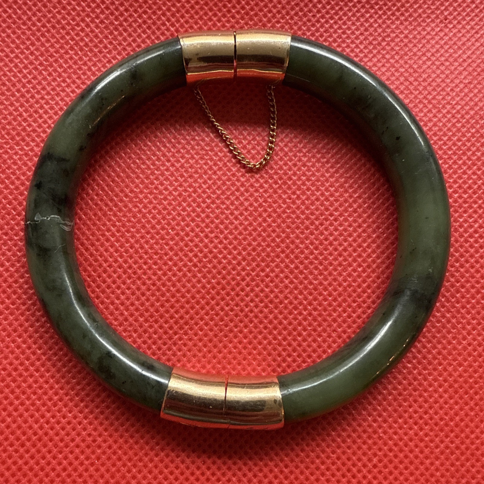 Green Nephrite Jade Hinged Gold Tone Bangle Bracelet Push Lock DAMAGED