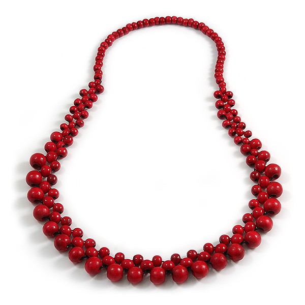 Long Cherry Red Cluster Wood Beaded Necklace – 82cm Long
