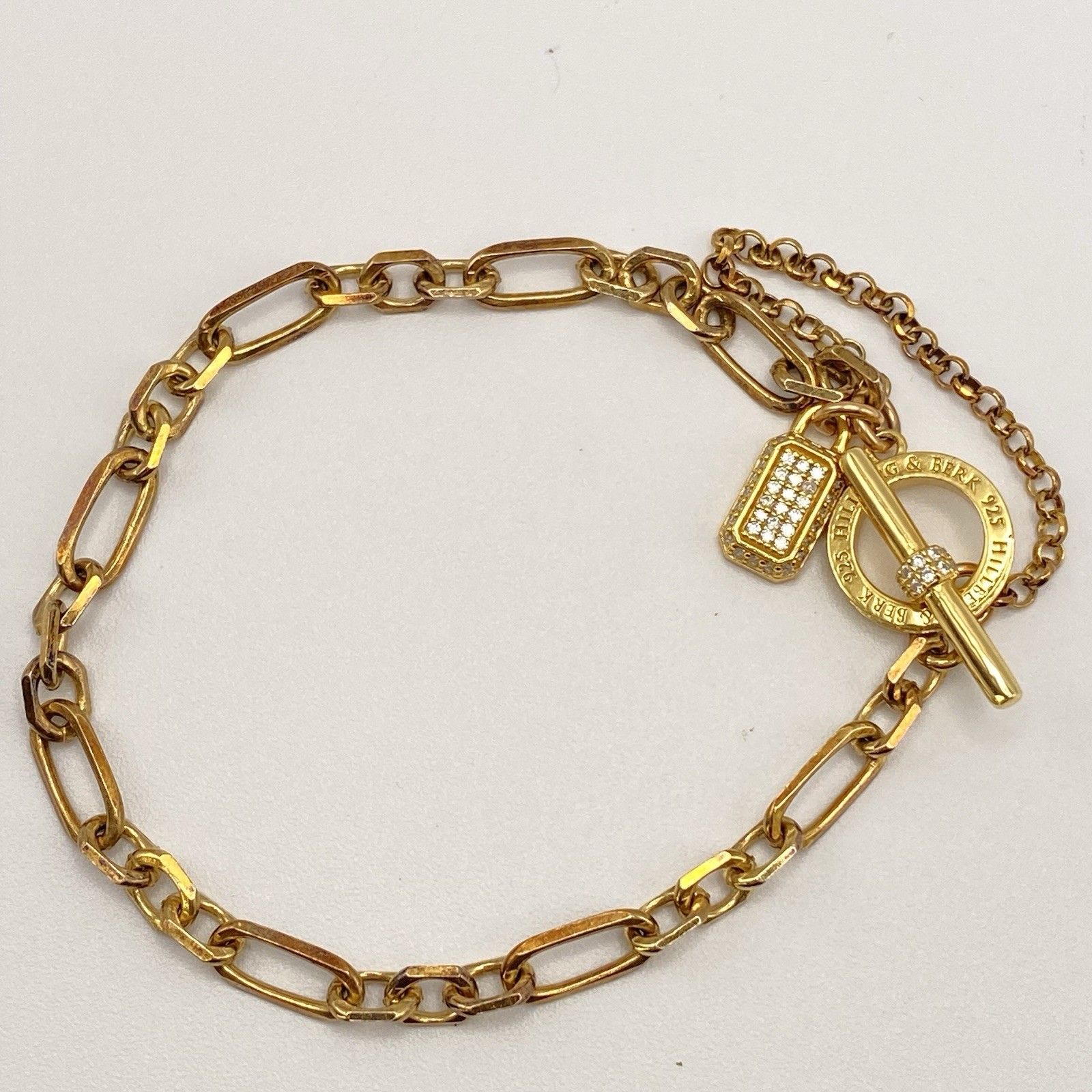 Hillberg & Berk Gemstone Bracelet 925 Gold Paper Clip Lock Charm Cubic Zirconia